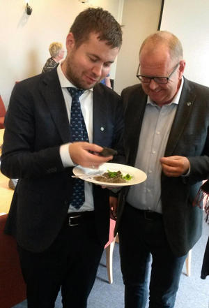 Komitèleder Geir Pollestad (Sp) og Pål Farstad (V) fikk overrakt ei "framtidskake" fra Natur Ungdom. Ingrediensene var grus og asfalt. 