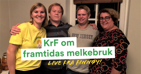 Landbrukspodden på Finnøy med Elisabeth Sæther, Ruben Eggebø, melkebonde Erik Bleie og nestleder Olaug Bollestad (KrF).  